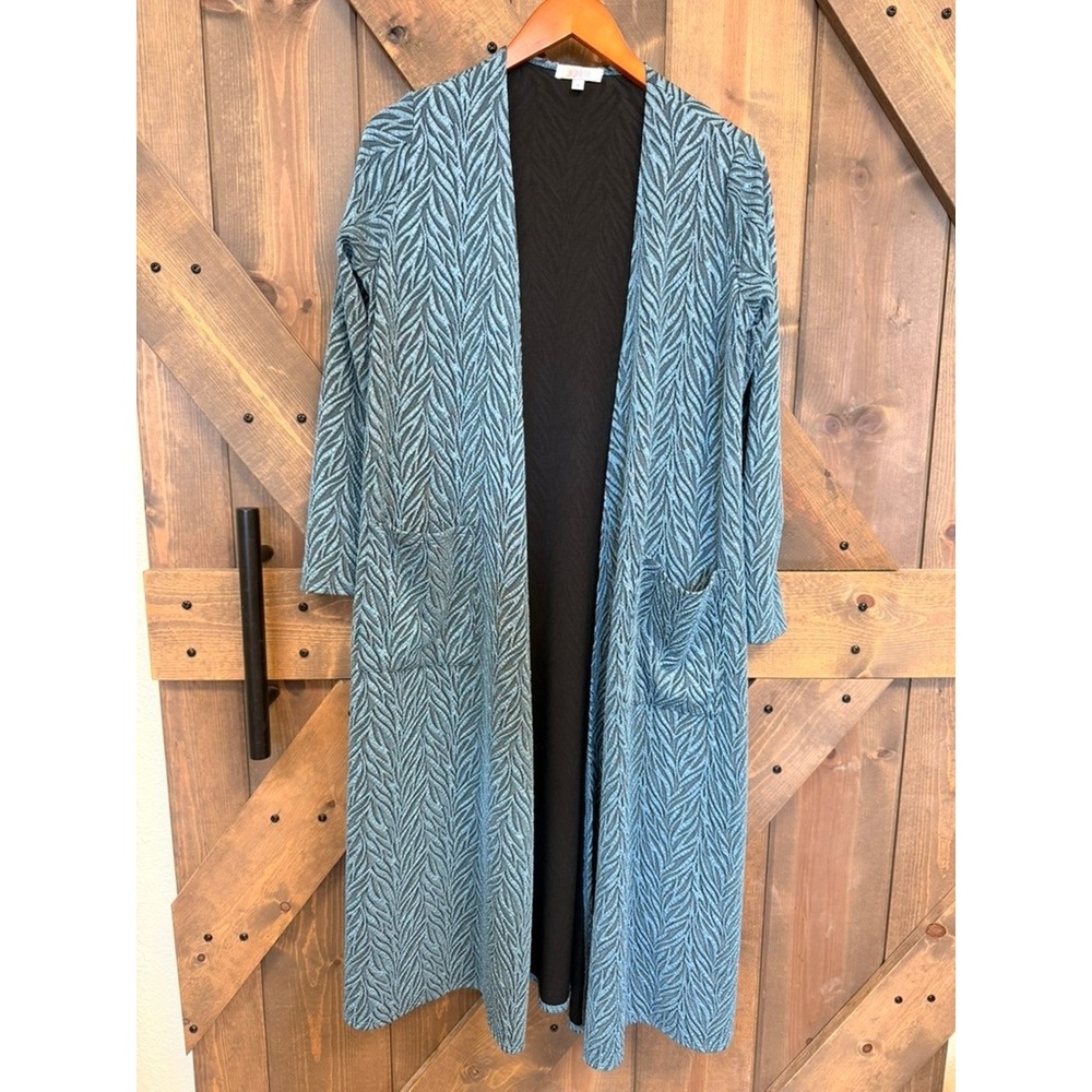 LuLaRoe Sarah Cardigan Women Small Blue Leaf Jacquard Longline Duster Excellent